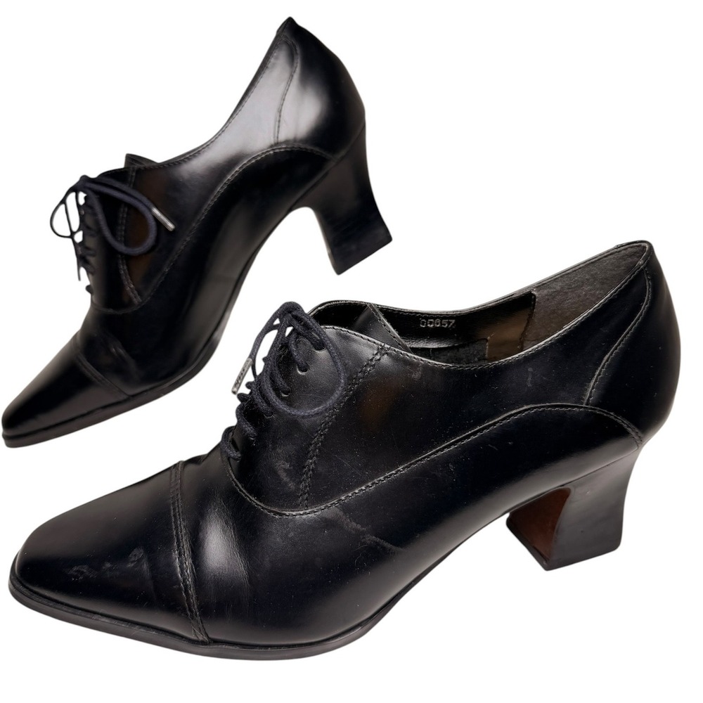 Vintage Dolcis Black Leather Oxford Pumps Lace Up Block Heel Womens 8M